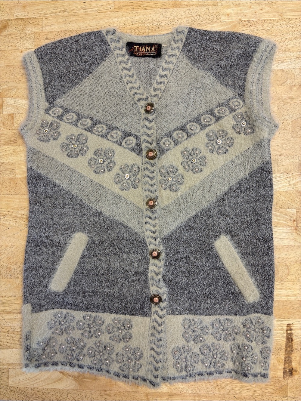 Vintage Tiana International Fuzzy Floral Pearl Sweater Vest Brown Tan M